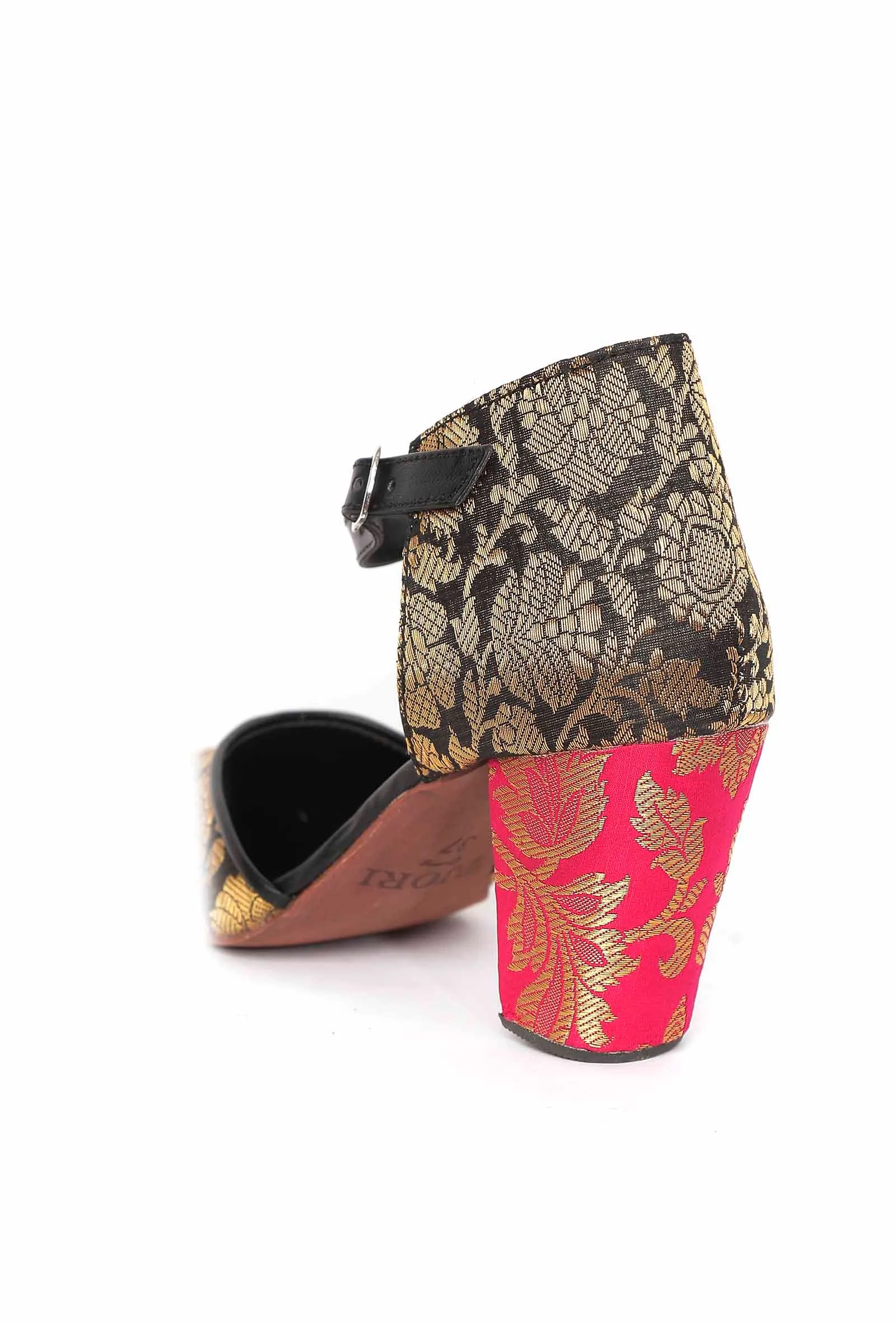 Blue Brocade with Pink Brocade Block Heels