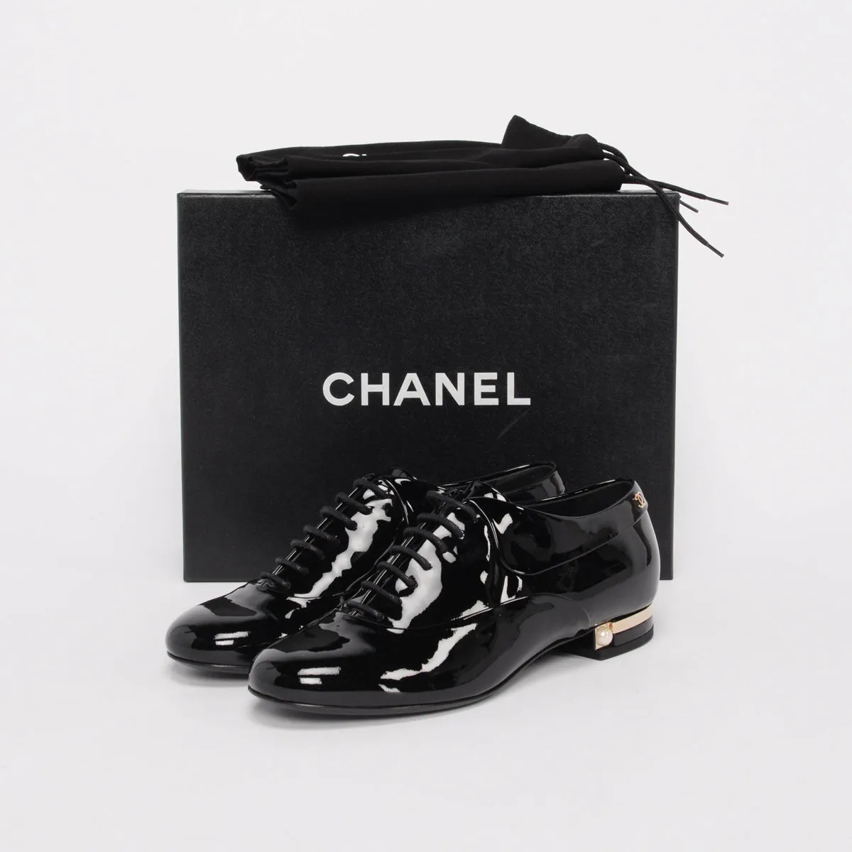 Chanel Black Patent Lace-Up CC Loafers 37.5