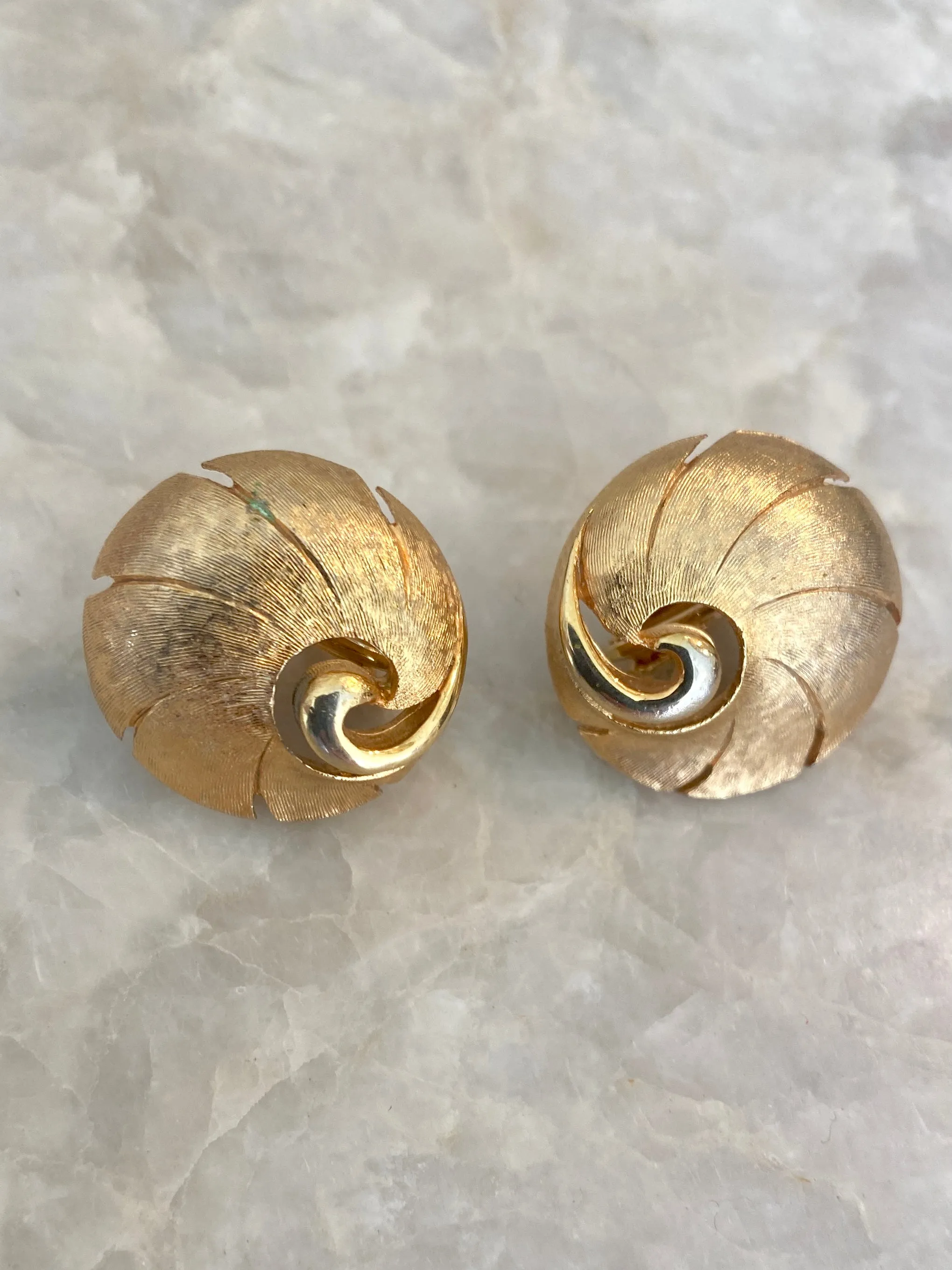 Conch Shell Matte & Polished Swirl Clip On Earrings (Vintage)