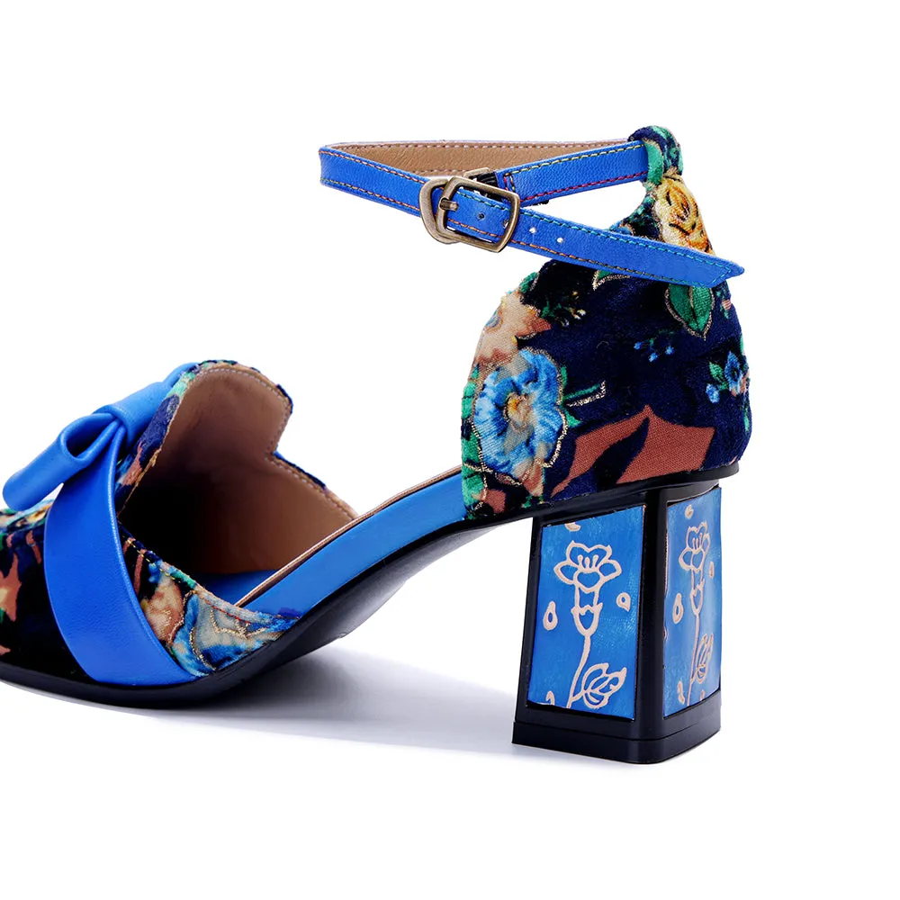 CrazycatZ Women's Leather Mary Jane Shoes Sandals Colorful Summer Shoes with Bow Block Heels pumps Blue