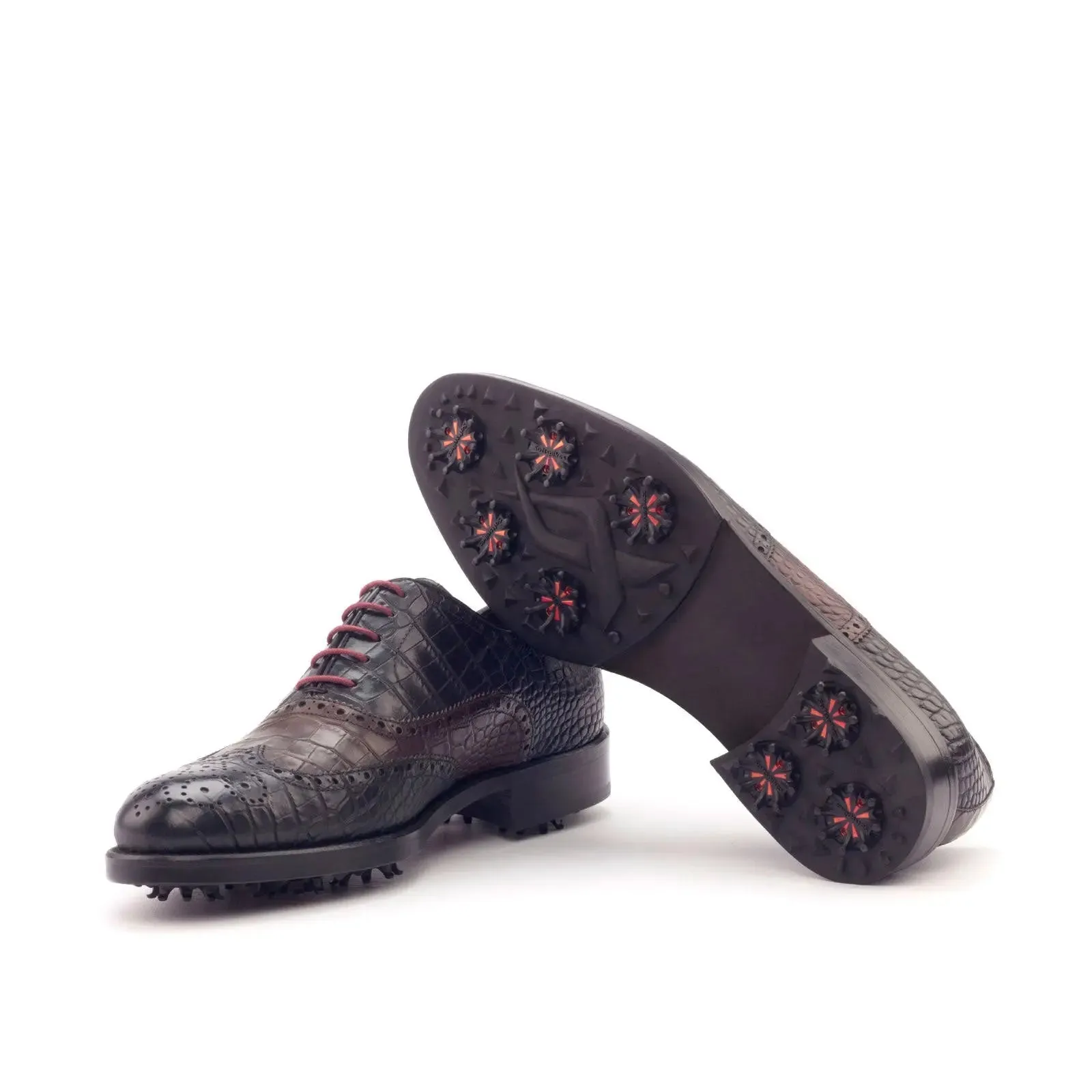 DapperFam Aeron Golf in Black / Dark Brown Men's Italian Croco Embossed Leather Full Brogue