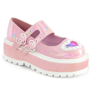 Demonia SLACKER-25 | Baby Pink Hologram Patent Mary Janes