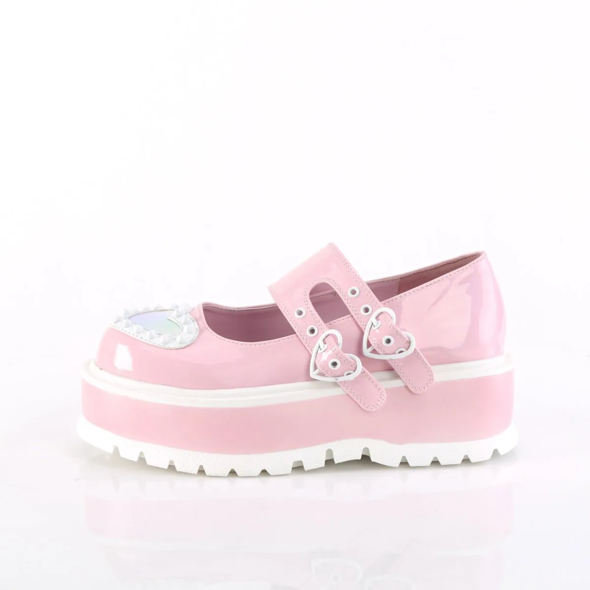 Demonia SLACKER-25 | Baby Pink Hologram Patent Mary Janes