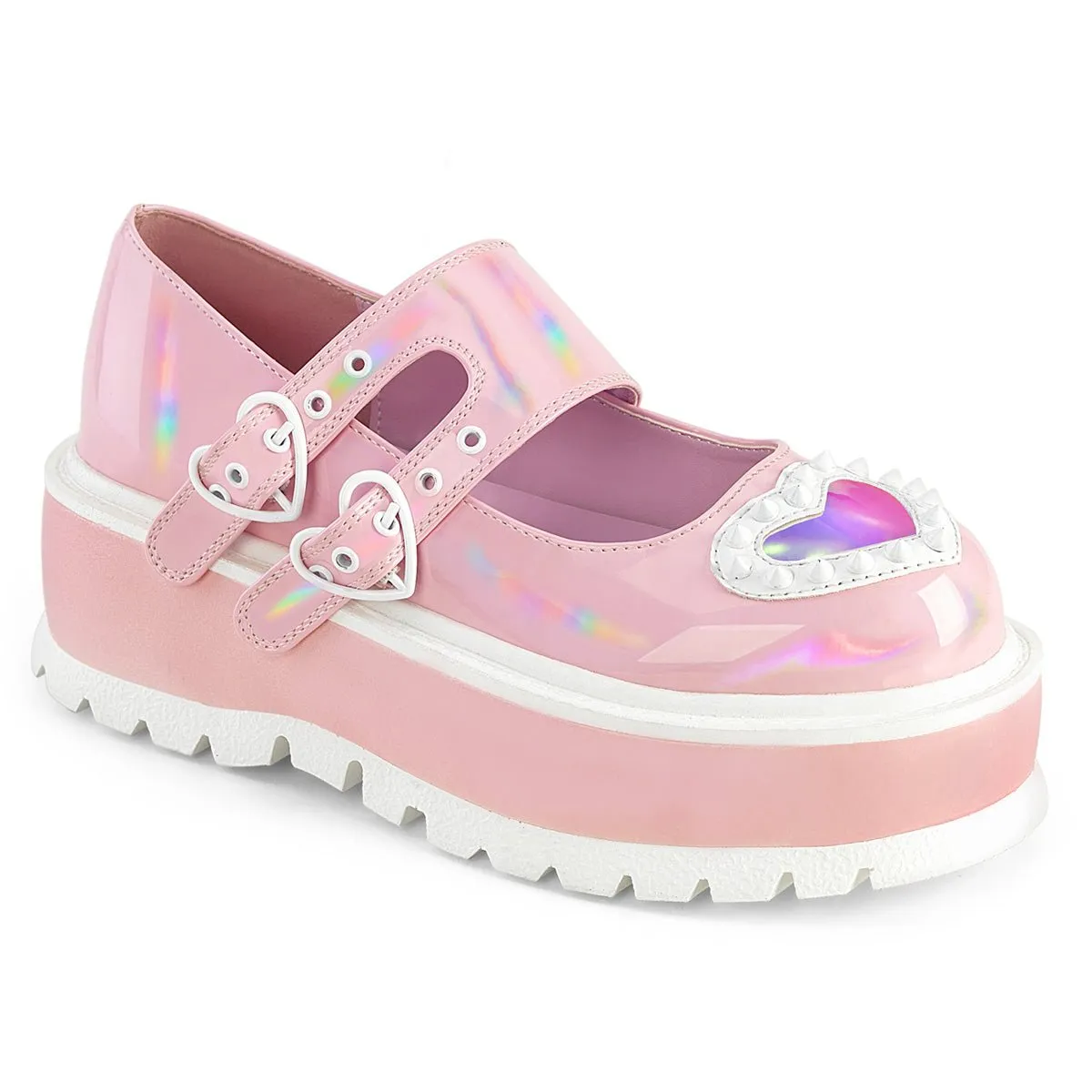 Demonia SLACKER-25 | Baby Pink Hologram Patent Mary Janes