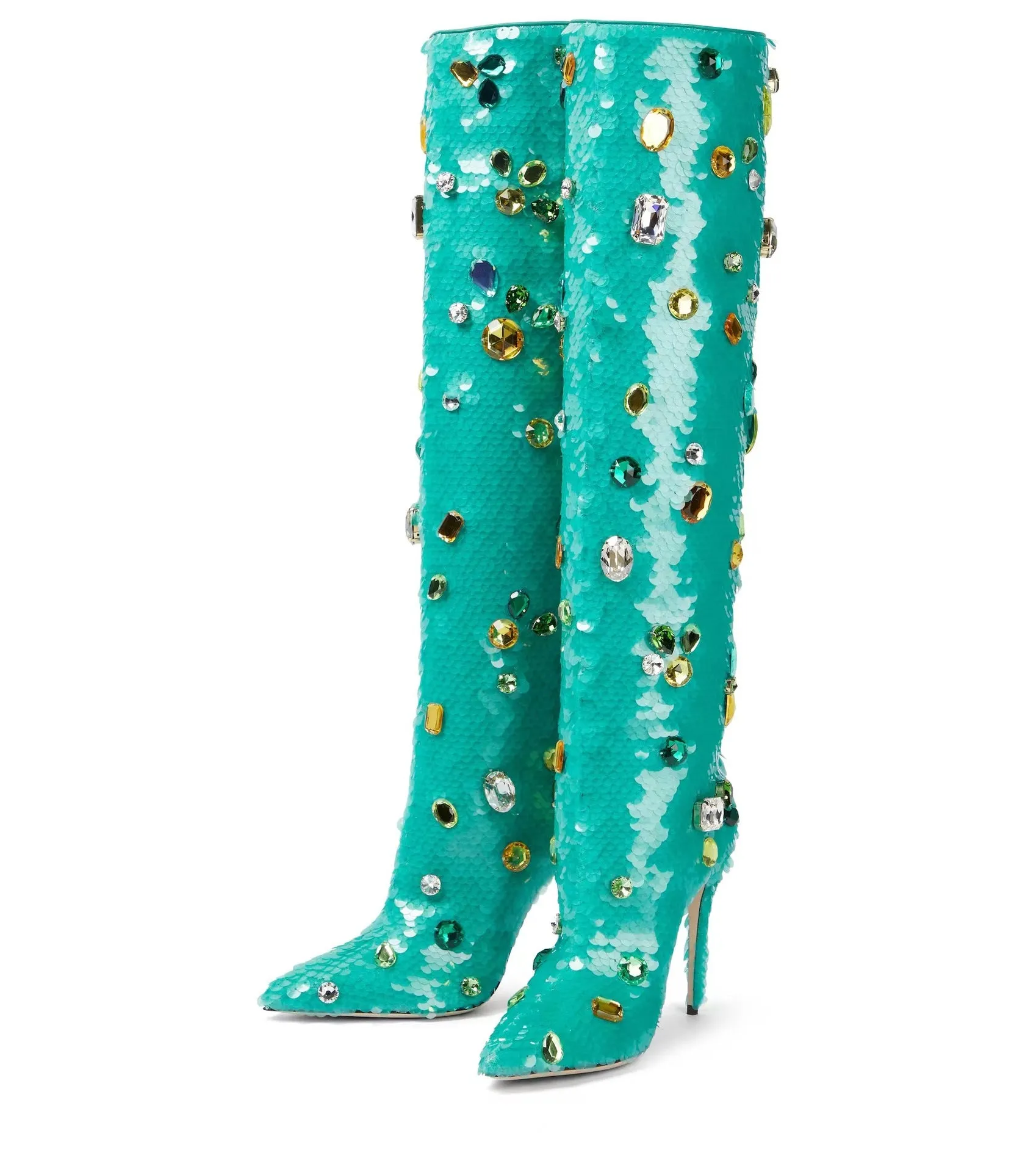 Sequined Rhinestones Knee-High Stiletto Boots