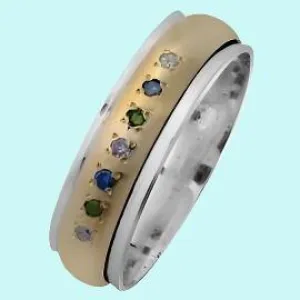 Spinner Ring Jewelry. Sterling Silver and 9kt Gold Ring set with Colored Diamonds