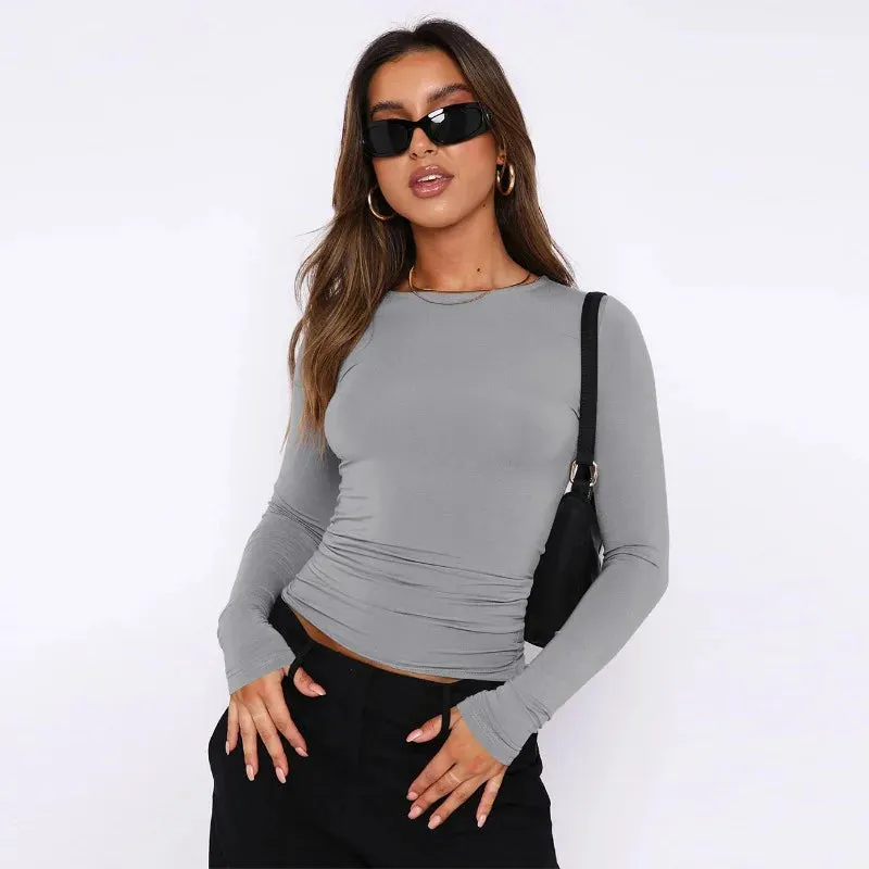 Vintage Bustier Spring Casual Solid Long Sleeve Round Neck T-shirt for Women