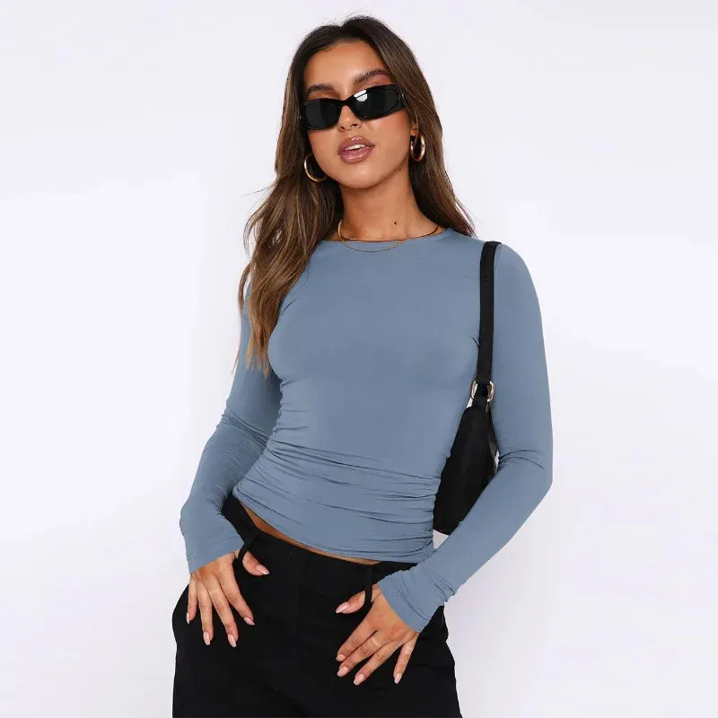 Vintage Bustier Spring Casual Solid Long Sleeve Round Neck T-shirt for Women