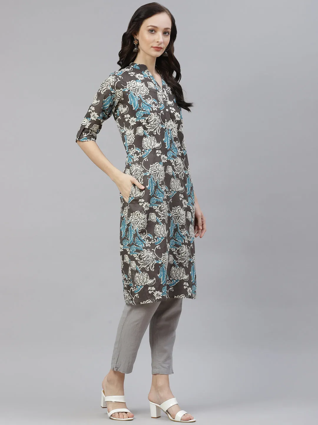 Women'S Brown Floral Printed Straight Kurta