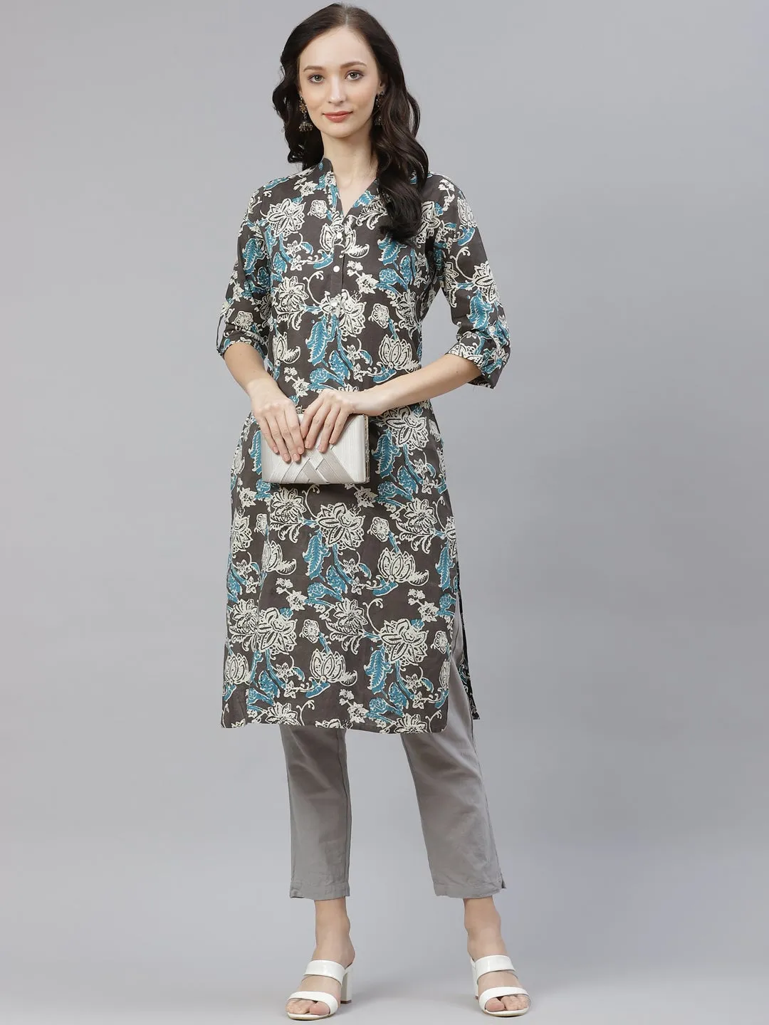 Women'S Brown Floral Printed Straight Kurta